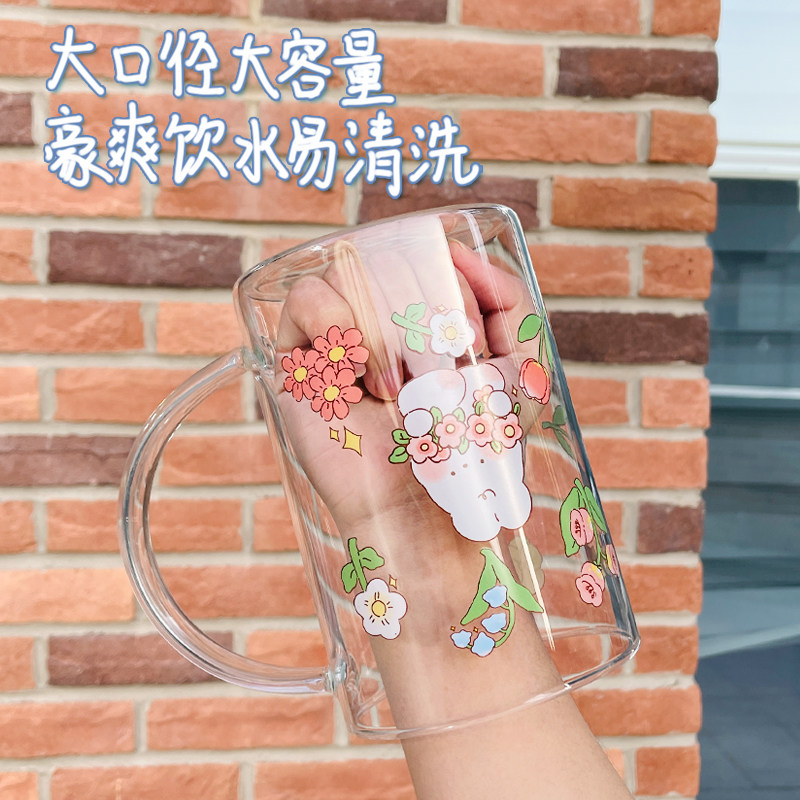 玻璃杯1000ml大容量网红可爱兔兔吸管水杯带盖家用办公室泡茶杯子