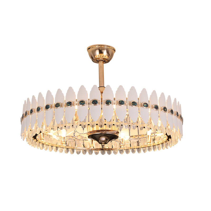 贝壳新款轻奢水晶风扇吊灯客厅餐厅智能语音控制遥控器变频铜电机