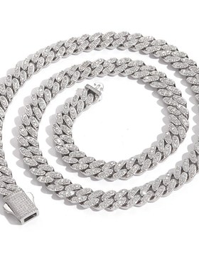 欧美跨境9mm单排锆石古巴链弹簧扣男士个性项链潮人饰品一件代发