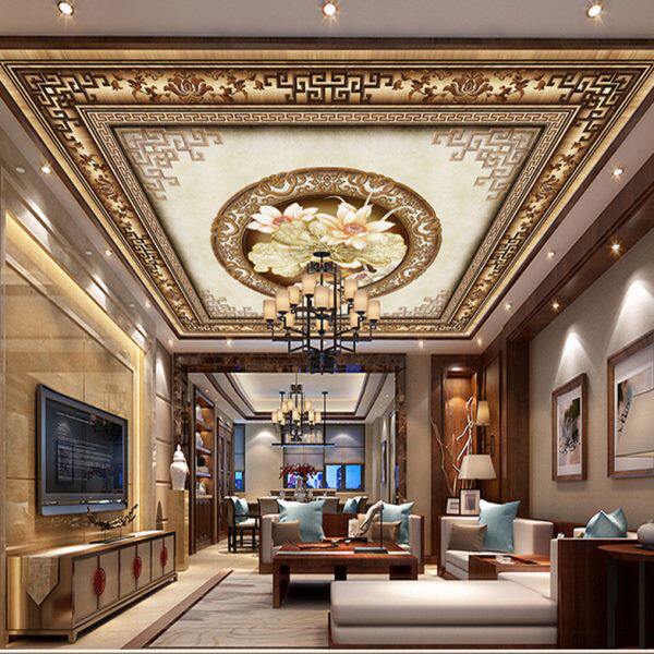 中式花鸟5d客厅天花板壁纸卧室装饰餐厅3d吊顶墙纸8d立体圆顶壁画