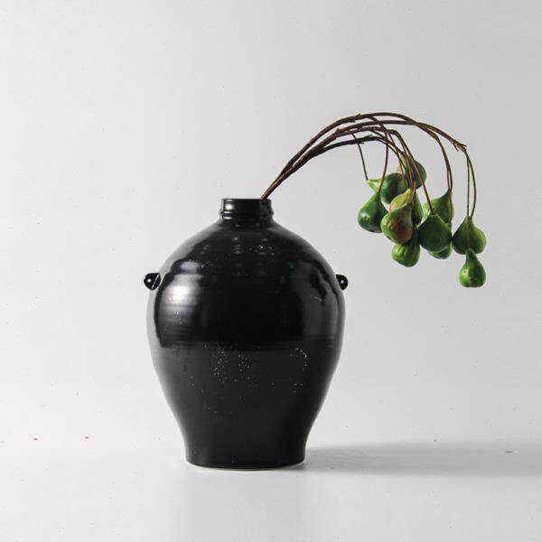 新中式样板间黑色陶瓷花瓶创意大肚小口干花器客厅玄关装饰品摆件