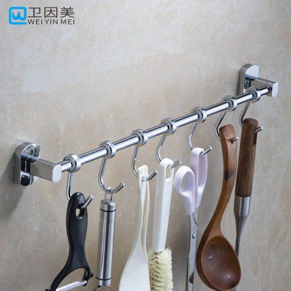全铜免打孔厨房厨具铲勺挂钩挂杆壁挂壁式多功能活动式排钩置物架