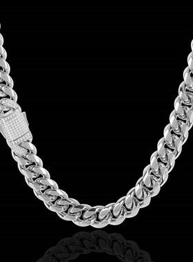 欧美跨境嘻哈钛钢项链饰品锆石弹簧扣不锈钢古巴链18K金项链男