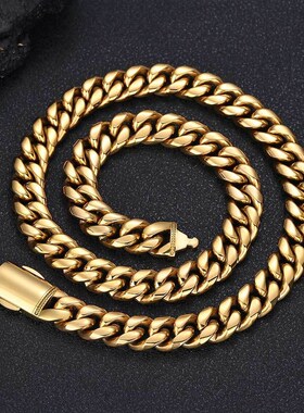 厂家直销欧美嘻哈不锈钢项链电镀18K金弹簧扣12mm光面加密古巴链