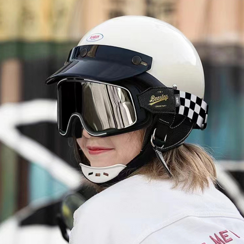 博威特复古摩托车头盔帽檐3/4盔半盔三扣式遮阳帽沿通用挡风防雨