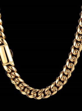 厂家直销欧美嘻哈不锈钢项链电镀18K金弹簧扣12mm光面加密古巴链