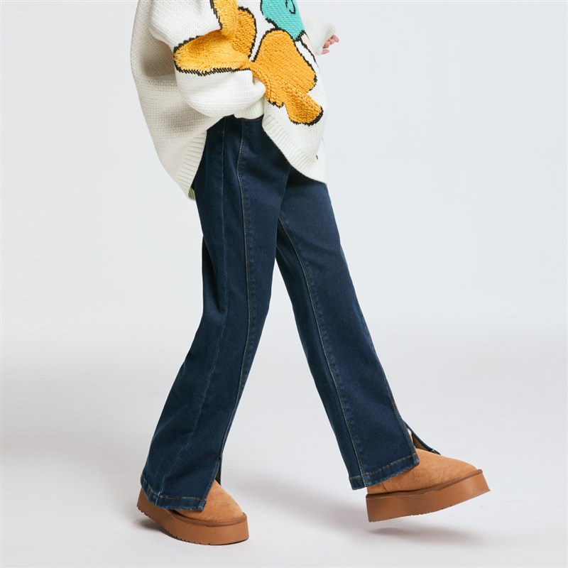 安奈儿女童装全腰牛仔夹裤2024冬新款加厚加绒保暖休闲裤潮酷百搭