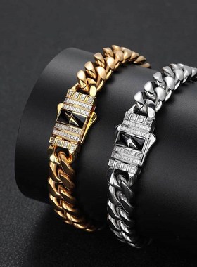 欧美新品闪电锆石弹簧扣不锈钢古巴手链跨境嘻哈钛钢饰品男士手链