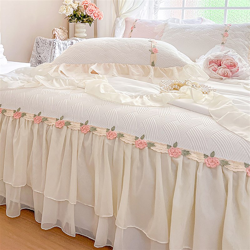 夏季凉感a类冰丝凉席三件套可机洗公主风蕾丝刺绣床裙空调软席子