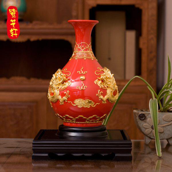 双龙玉壶春红花瓶 厦门漆线雕工艺品摆件生日乔迁开业祝寿礼物