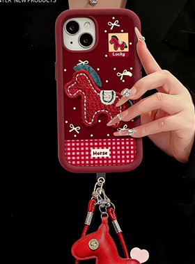 马年中国新年红小马刺绣iPhone17手机壳女iPhone16冬季圣诞风挂绳iPhone15保护套防摔iPhone14硅胶软壳13/12
