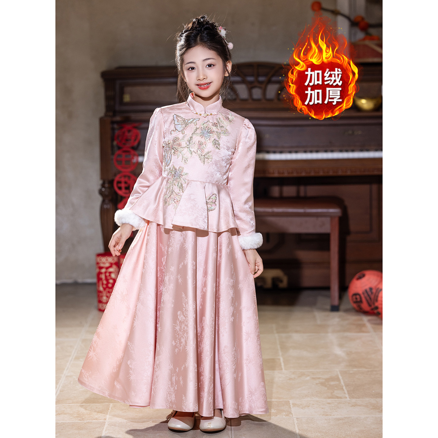 2025新款新中式国风礼服女童儿童加绒加厚粉色拜年服女童冬装唐装
