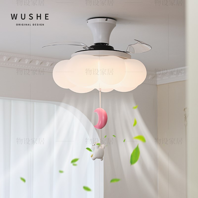 法式中古风吊扇灯奶油风卧室吸顶灯儿童房隐形吊扇灯创意吊扇灯具
