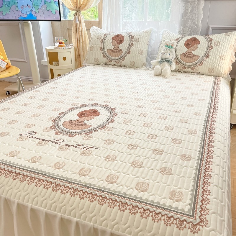 夏季印花床裙乳胶冰丝凉席三件套公主风床单空调床垫席子水洗折叠