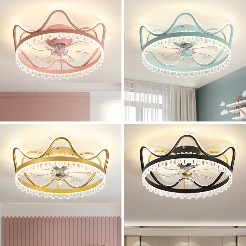 风扇灯轻奢卧室吸顶一体智能电扇灯儿童房网红创意皇冠吊扇灯家用