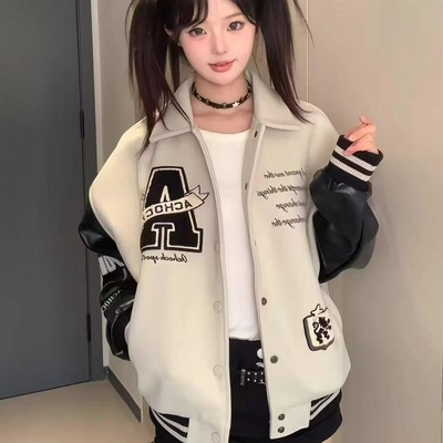 pu皮字母刺绣棒球服外套女秋冬美式复古宽松情侣立领飞行夹克上衣