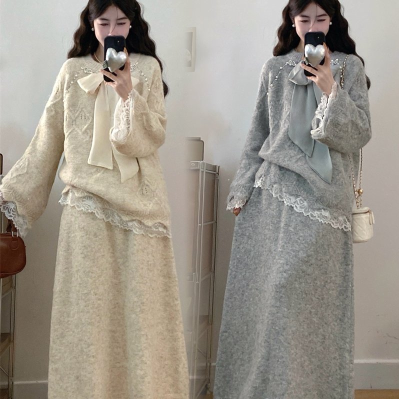 实拍大码秋季新款胖MM慵懒风钉珠蝴蝶结蕾丝拼接毛衣半身裙两件套