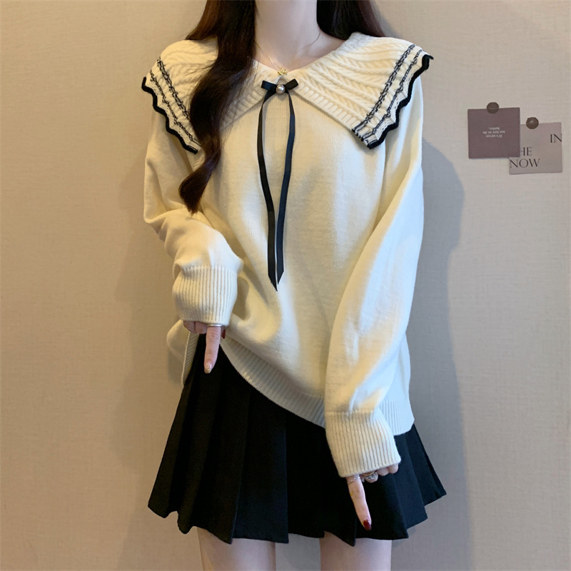 实拍学院风蝴蝶结套头毛衣女装2025早秋新款百搭娃娃领减龄针织衫