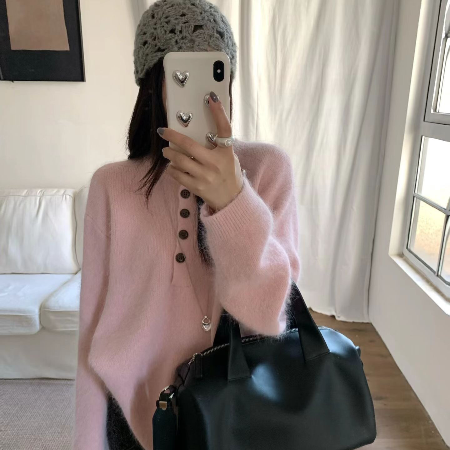 25兔毛亨利领宽松慵懒毛衣女秋冬2025新款软糯设计感针织上衣