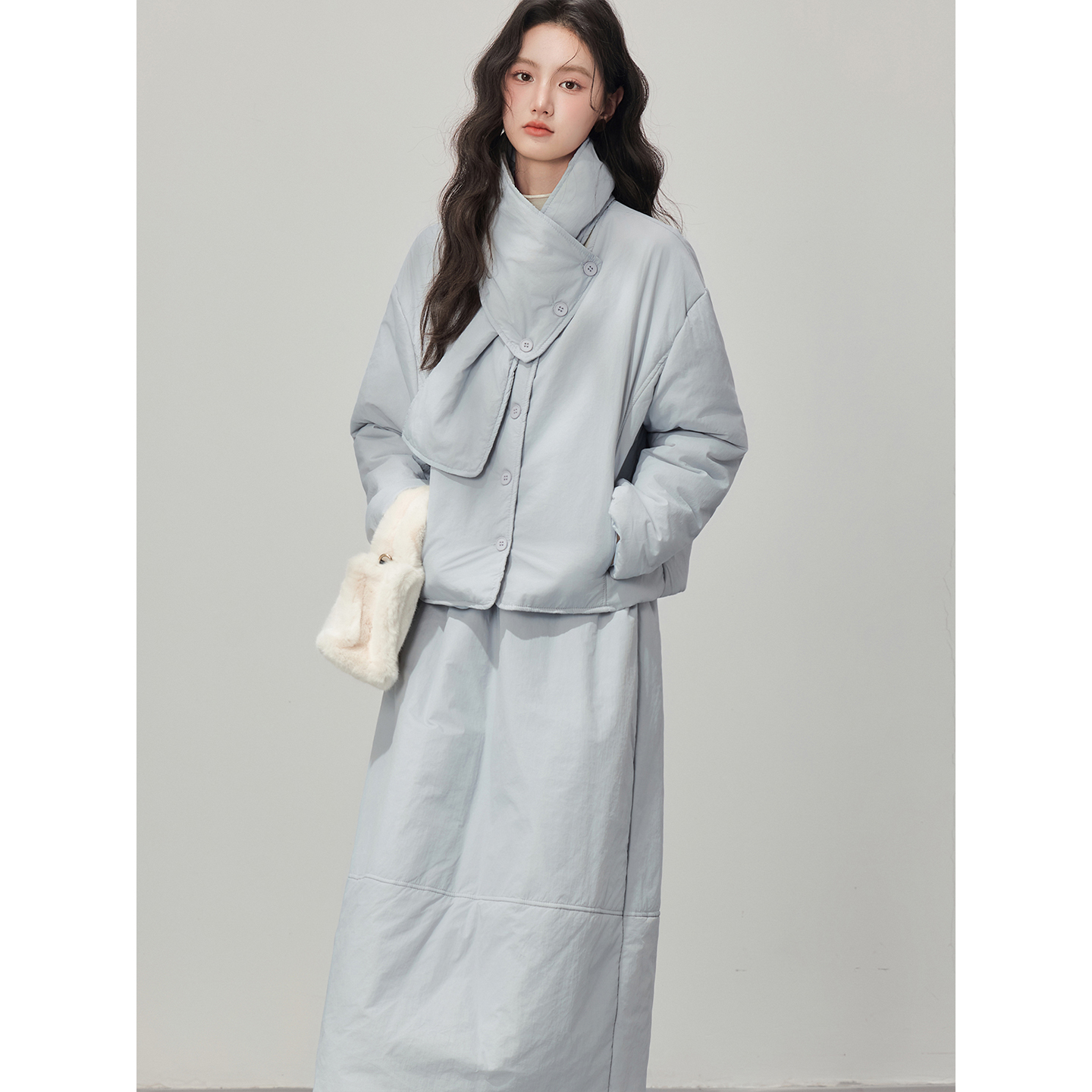 2025冬夹棉围脖棉服外套+半身裙套装 两件套