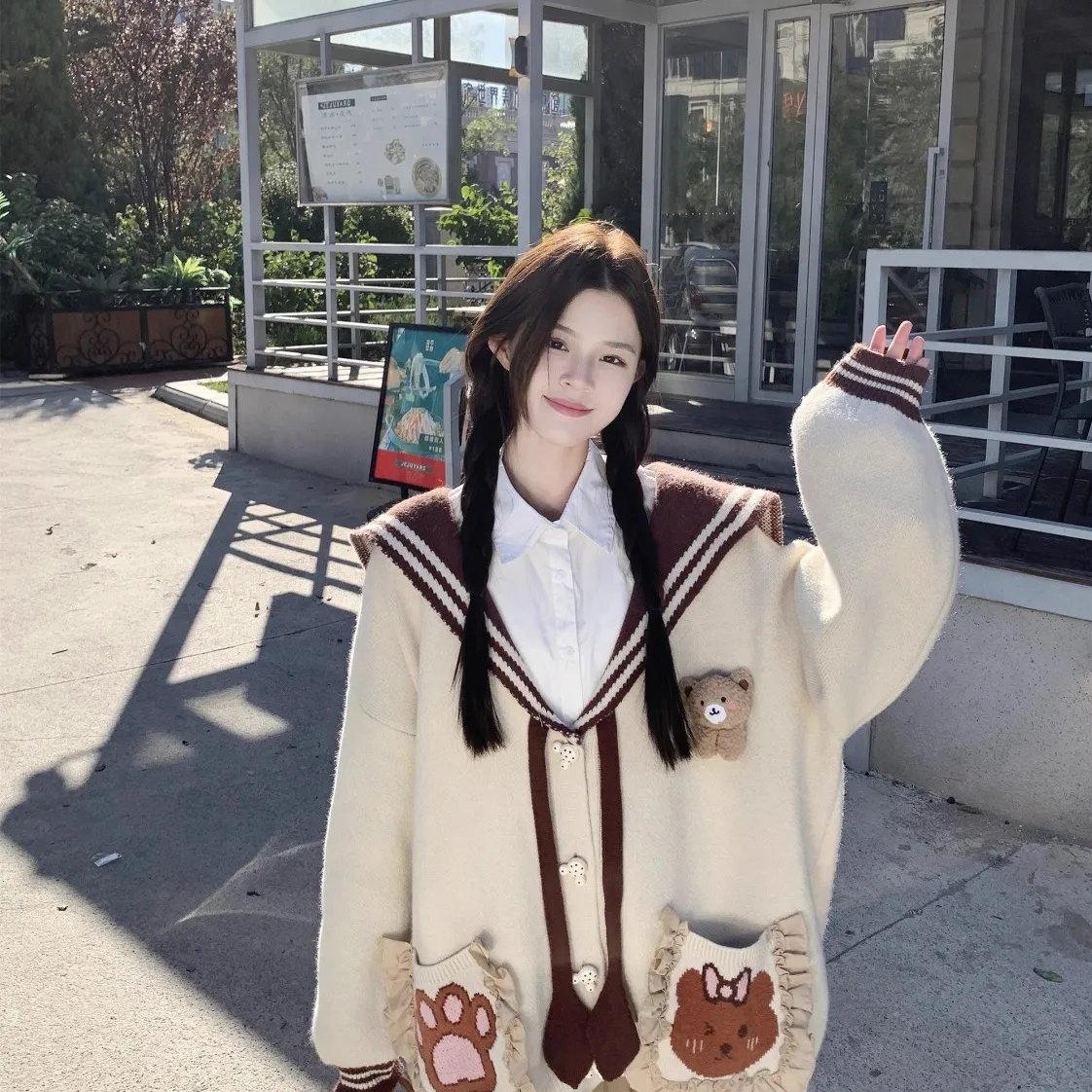 两件套装海军领宽松撞色长袖毛衣女秋冬新款立体叠穿长袖衬衣外套