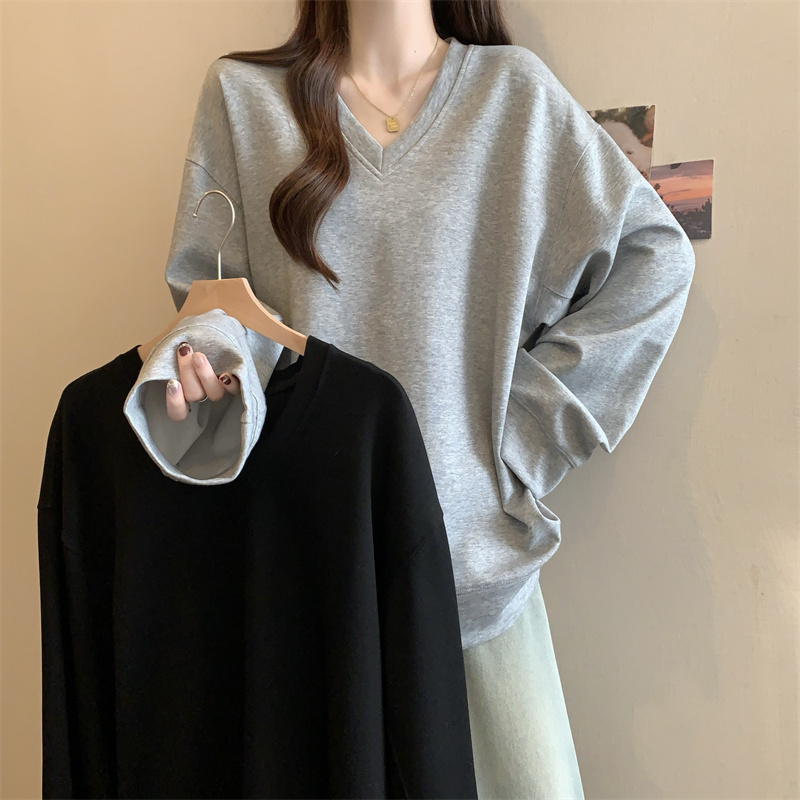 实拍 大码胖MM 设计感慵懒风V领套头卫衣休闲百搭上衣