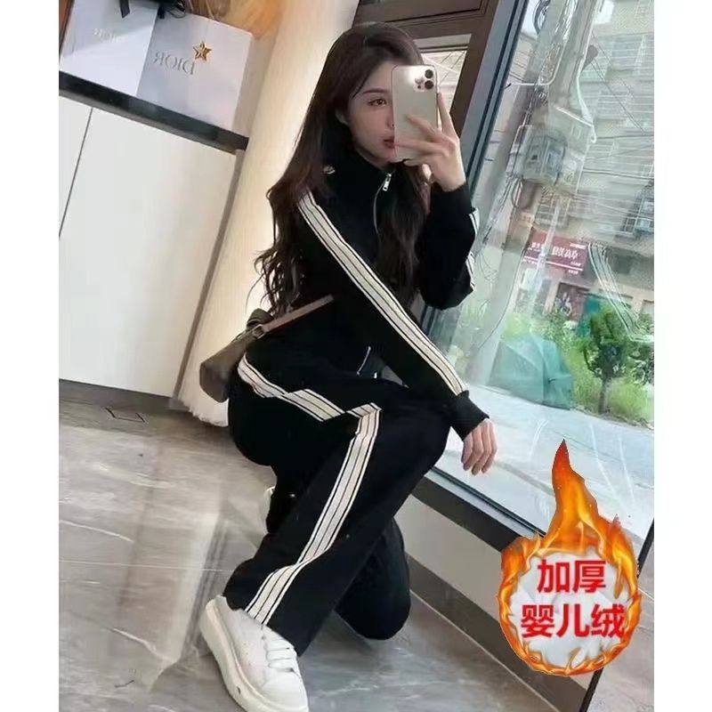 加绒加厚休闲两件套2025春秋冬新款减龄时尚运动高腰阔腿裤套装女