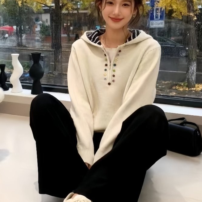 2025新款韩版宽松慵懒风连帽加厚毛衣开衫外套休闲裤两件套套装潮