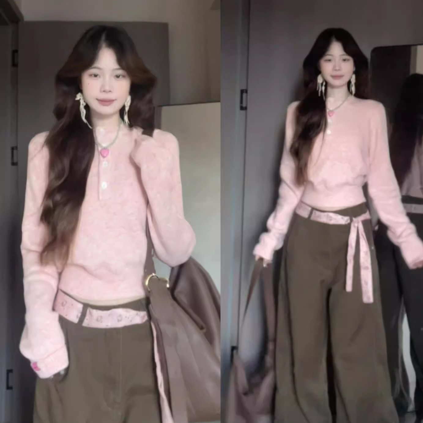 巨好看的秋冬季一整套穿搭配温柔粉色毛衣针织衫阔腿裤两件套装女