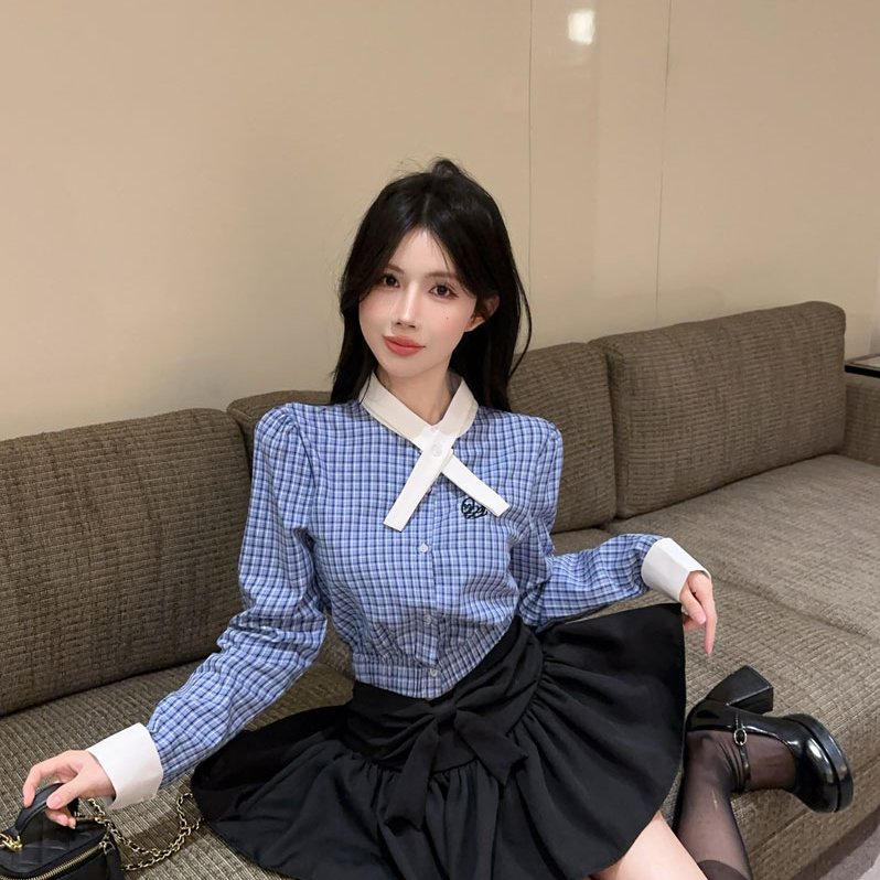 实拍实价 小个子韩系学院风套装设计感短款格子衬衫+高腰蛋糕裤裙