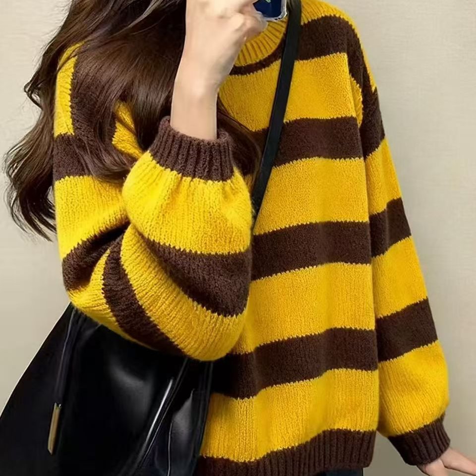 今年流行2025奶fufu慵懒宽松黄色条纹毛衣女冬欧货漂亮上衣