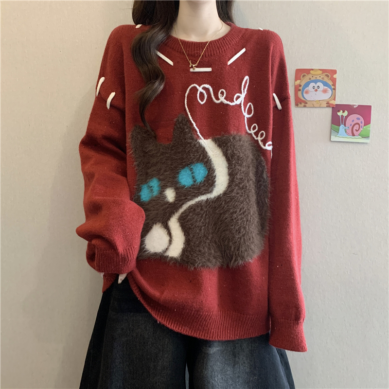法式复古红色猫咪彩点刺绣毛衣女秋冬大码胖mm慵懒软糯针织衫上衣