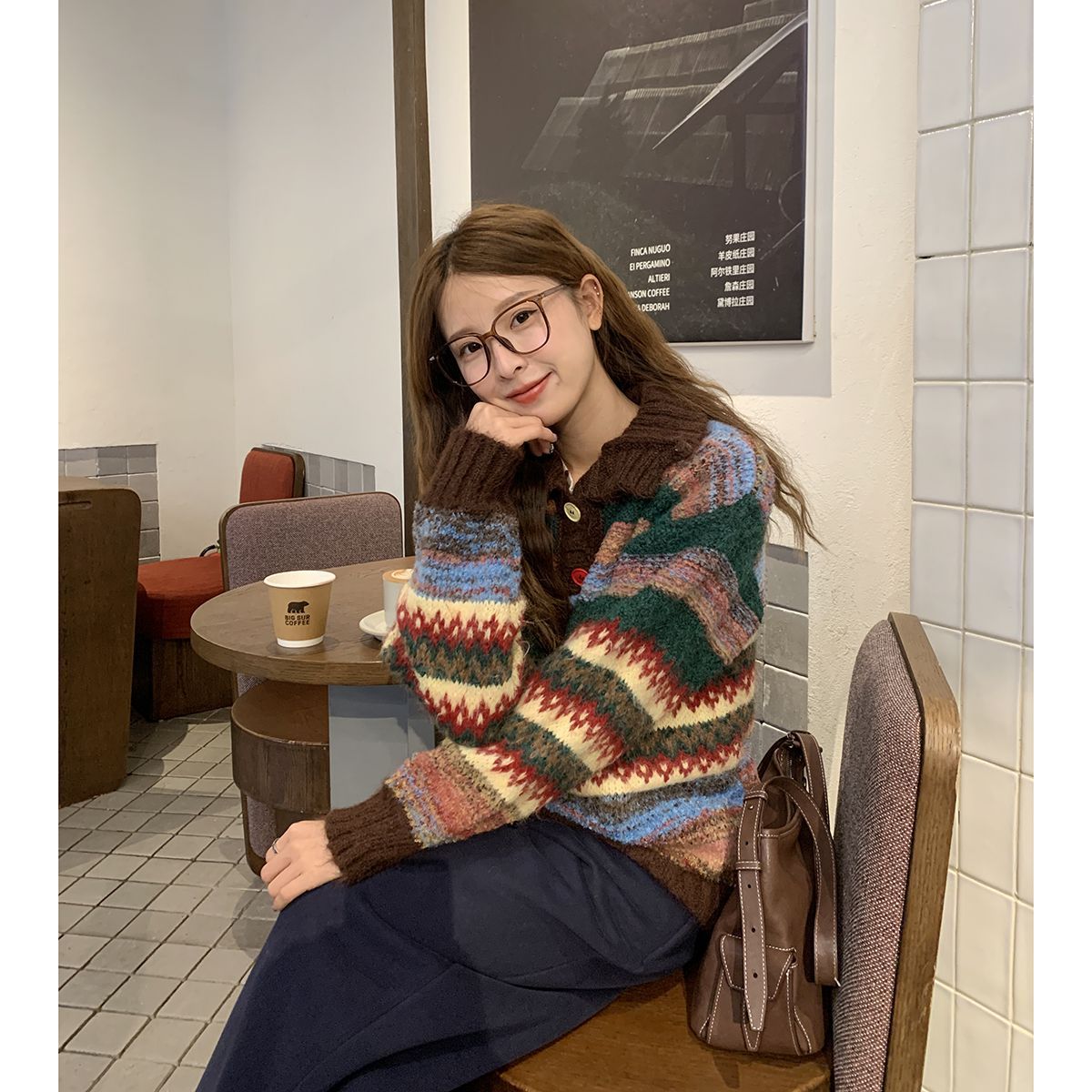 彩色复古polo领套头毛衣女秋冬季新款设计感小众美拉德撞色针织衫