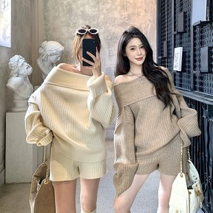 WITHMXBOOM灰灰家气质针织套装一字肩毛衣+宽松休闲短裤两件套女