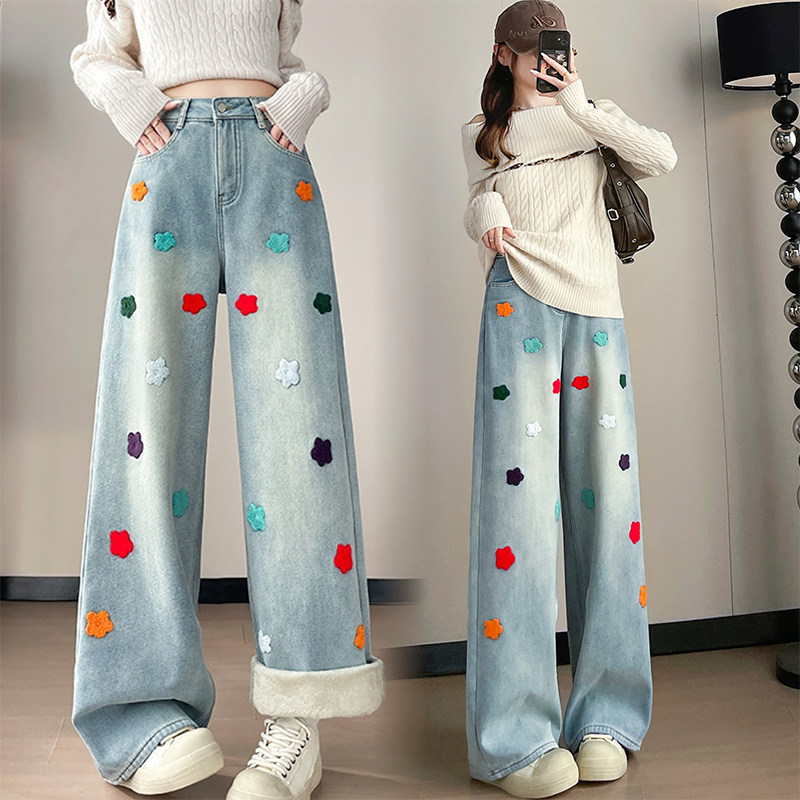 圣诞复合绒刺绣阔腿牛仔裤女冬季加绒欧货宽松小个子垂感休闲裤潮