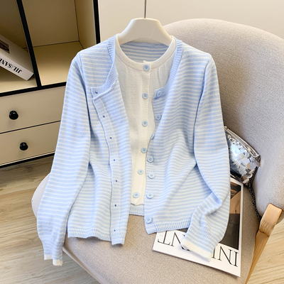 假两件蓝色针织开衫女2025年秋季新款软糯百搭毛衣外套高级感上衣