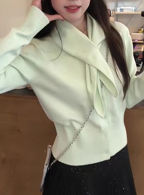 早秋韩系穿搭绿色针织衫外套女2025春秋新款减龄气质薄款开衫上衣