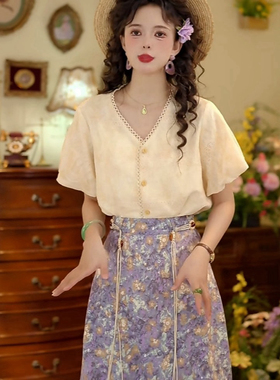 温莎古堡港风复古V领绣花衬衫显瘦短袖上衣+紫色裙