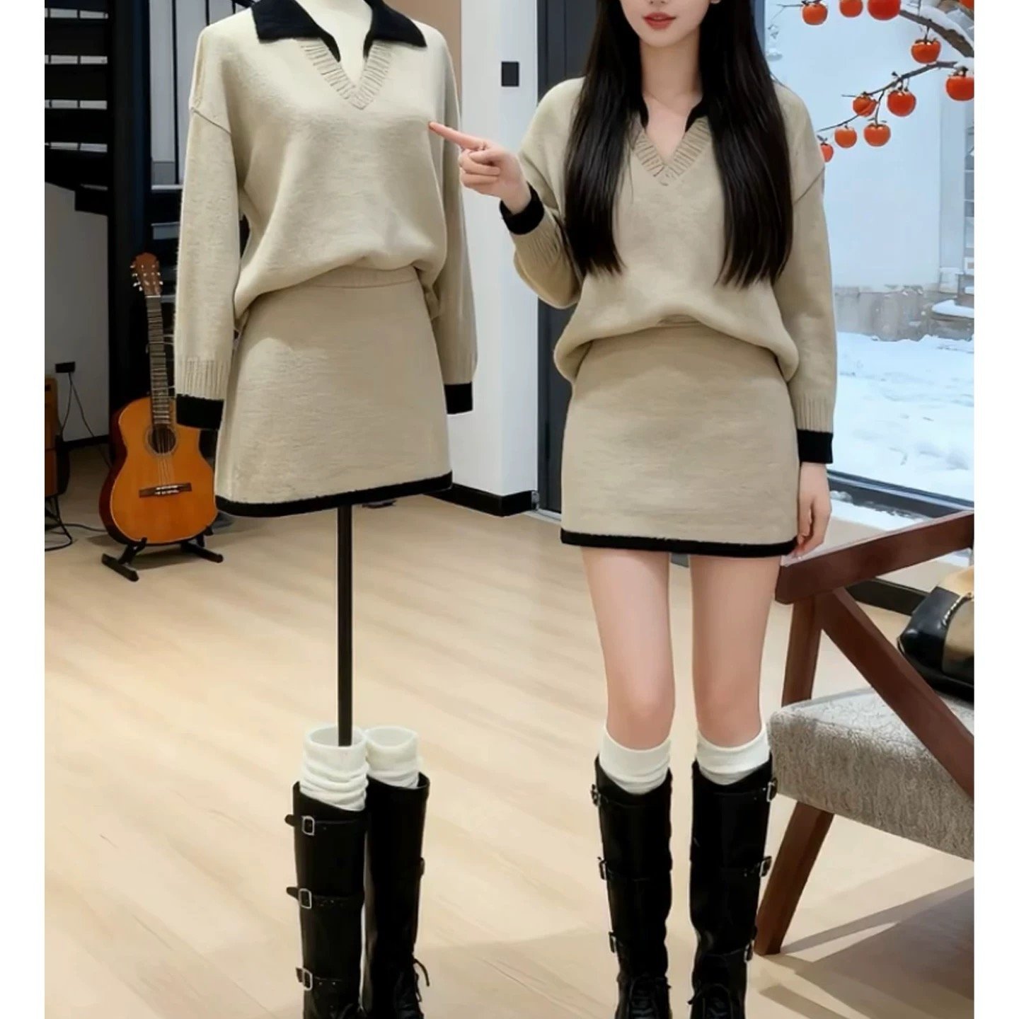 韩版撞色拼接Polo领 套头毛衣高腰半身裙两件套女秋季款时尚套装