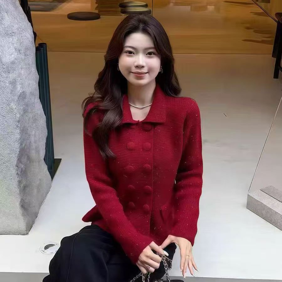 法式小香风双排扣翻领细闪毛衣外套女秋冬收腰显瘦高级感针织开衫