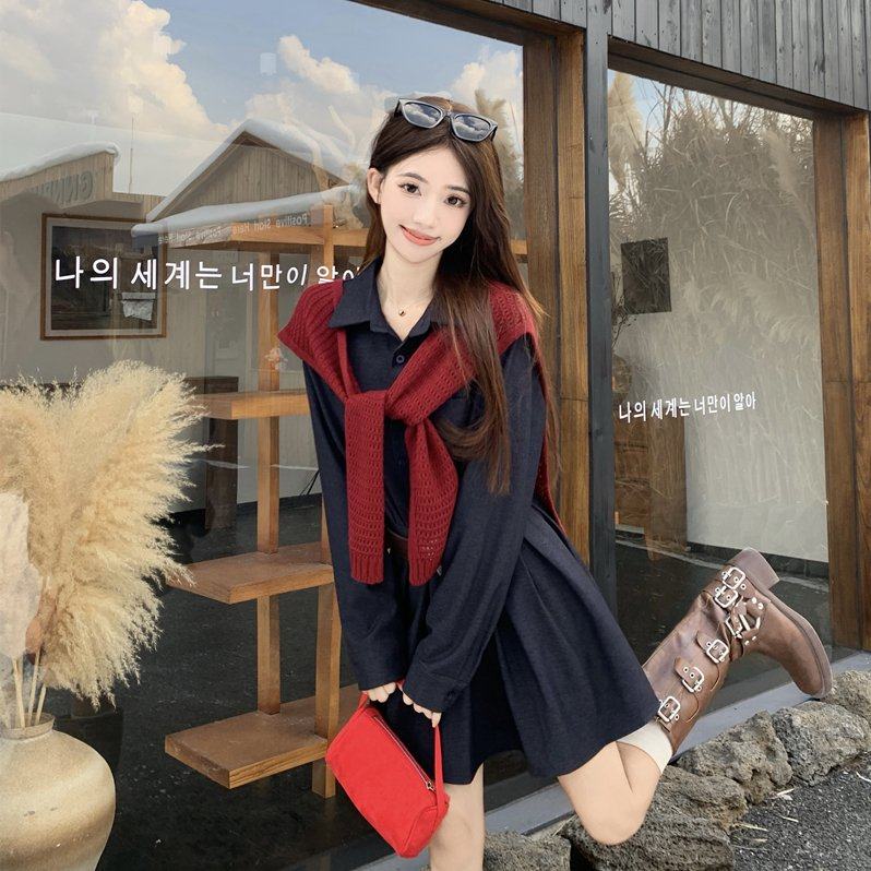 韩系藏青色polo领长袖衬衫连衣裙女气质高级感腰带收腰百褶短裙子