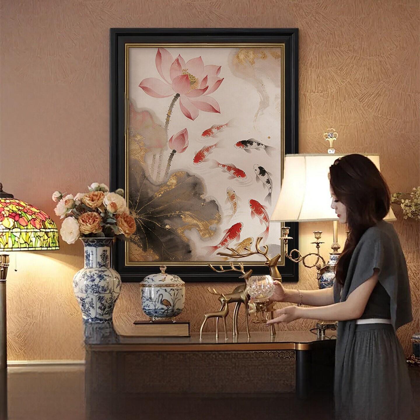 【年年有余】新中式荷花九鱼图装饰画复古轻奢风玄关餐厅高级挂画