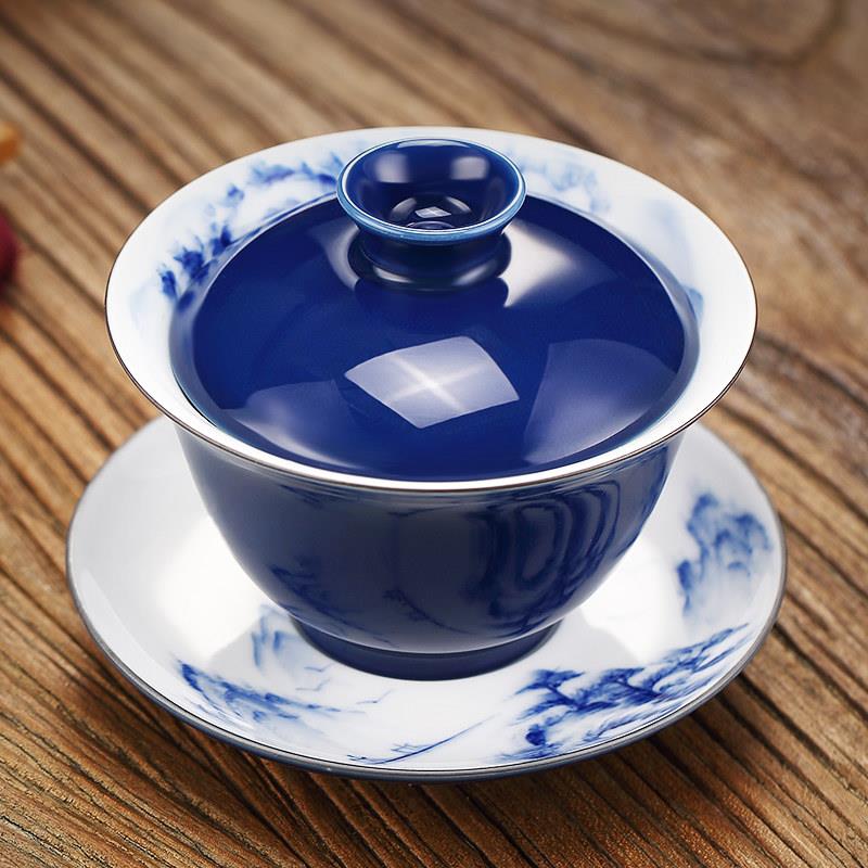 复古霁蓝釉青花瓷三才盖碗茶杯家用陶瓷手绘泡茶碗景德镇功夫茶具