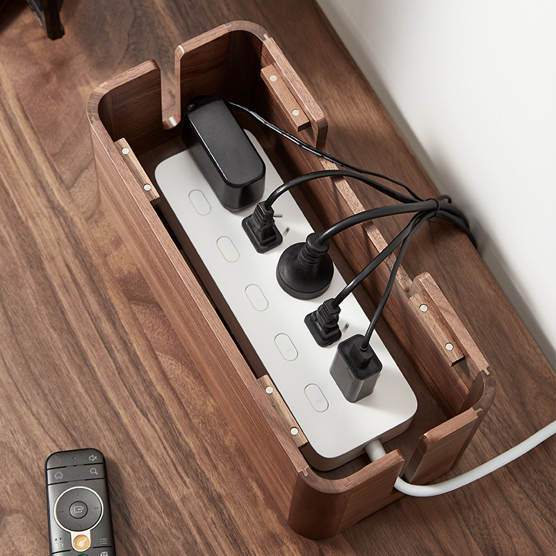 黑胡桃木集线盒实木排插收纳盒插座遮挡整理盒桌面线路电线理线盒