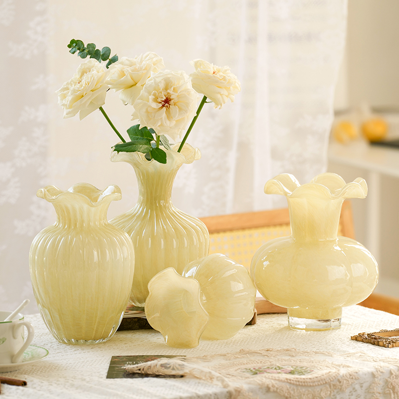 法式中古芬顿奶油玻璃花瓶客厅创意水养插L花琉璃花器餐桌轻奢摆
