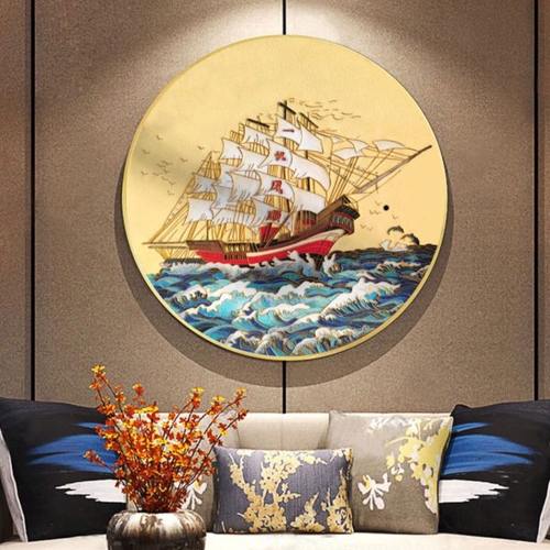 一帆风顺新中式圆形装饰画玄关墙面挂件掐丝珐琅彩山水挂画好寓意