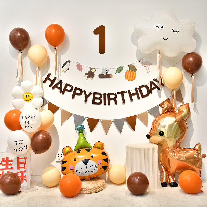 ins森系e复古儿童1周岁生日装饰背景墙宝宝派对气球布置简约男女