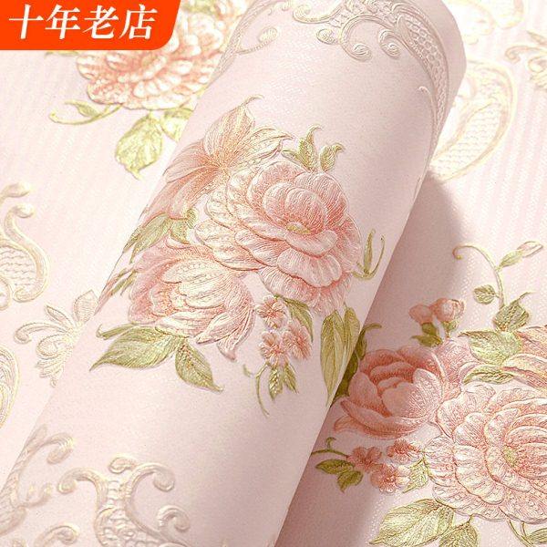 欧式立体田园碎花卧室客厅婚房无纺布壁纸温馨房间非自粘家用墙纸