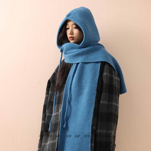 日韩针织披肩帽围巾一体保暖