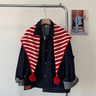 韩代款～可爱毛球针织围巾女2025新款条纹三角巾披肩外搭带球球